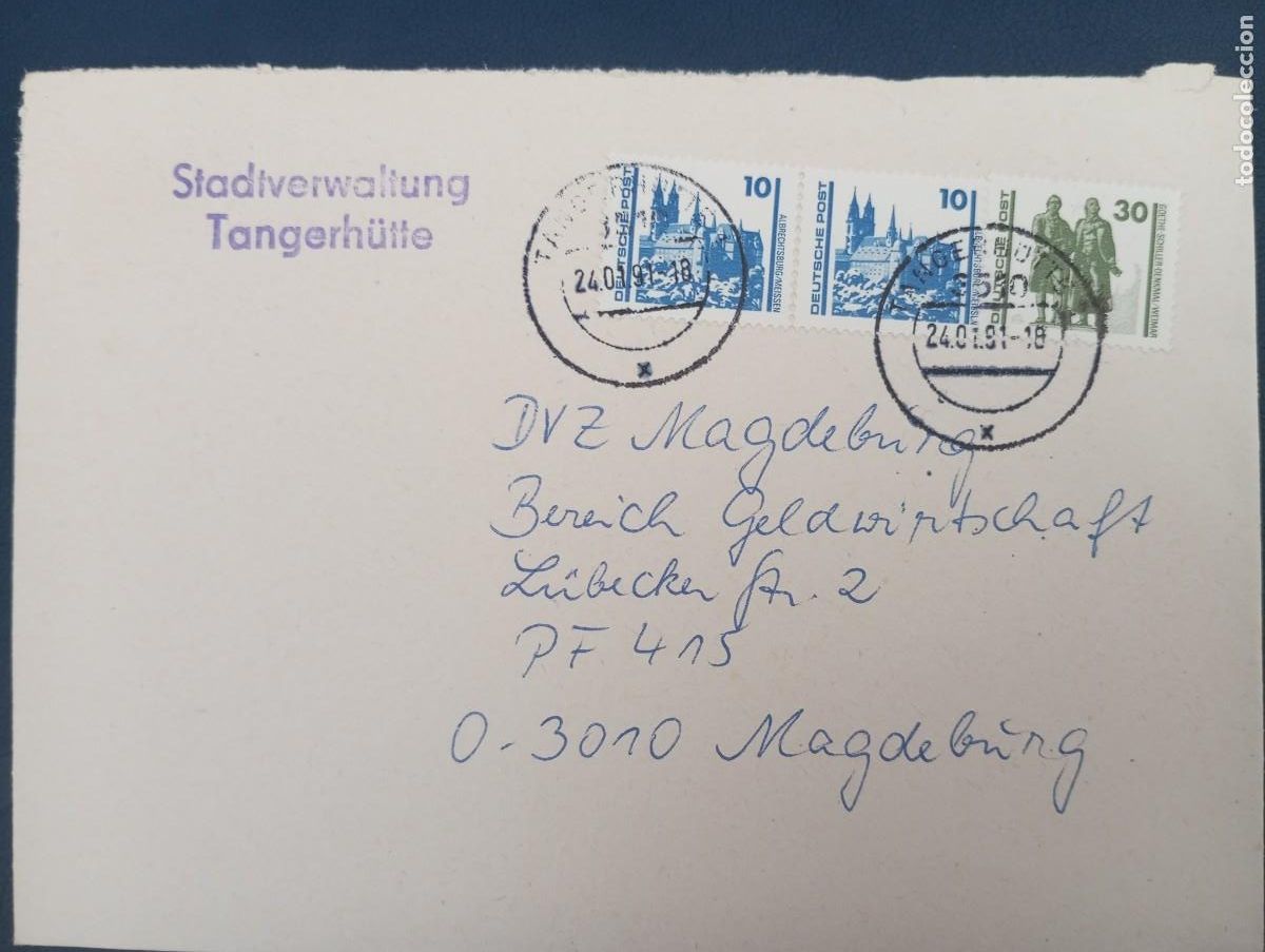 Sellos: ALEMANIA, RDA, SOBRE OFICIAL DEL AYUNTAMIENTO DE TANGERH&Uuml;TTE