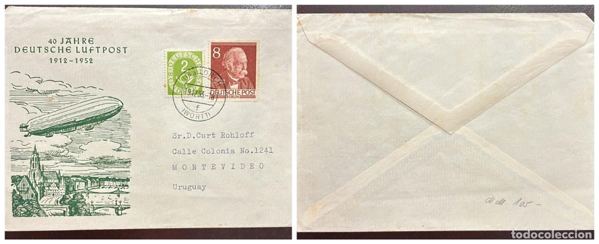 Sellos: O) 1953 GERMANY, DEUTSCHE LUFTPOST, NUMERAL AND POST HORN 2pf, THEODOR FONTANE - BERLIN 8pf, CIRC