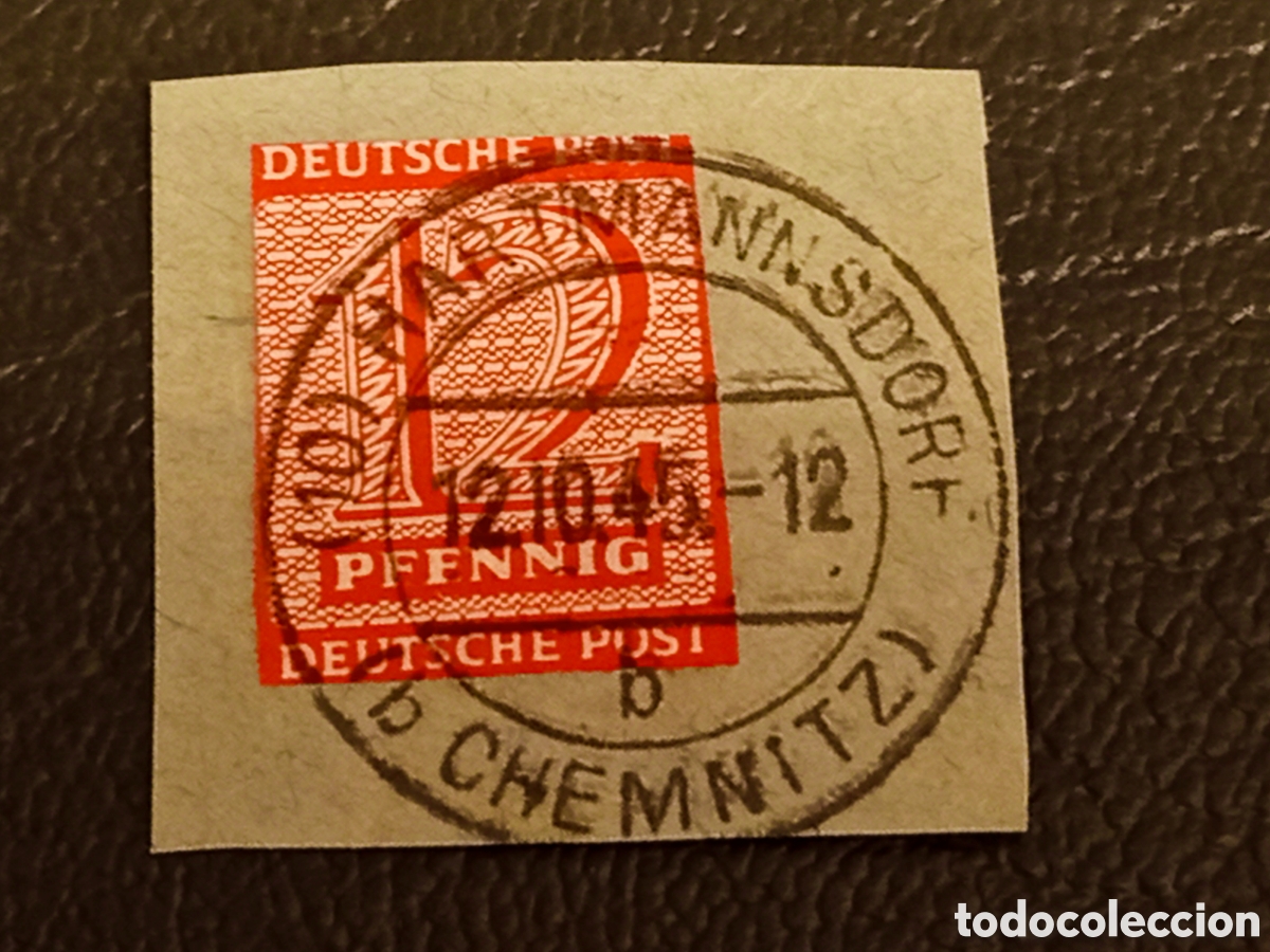 Sellos: Raro Alemania 1945 Ocupaci&oacute;n Sovi&eacute;tica 12 Pf. Sin Dentar - Matasellos Hartmannsdorf (Chemnitz)