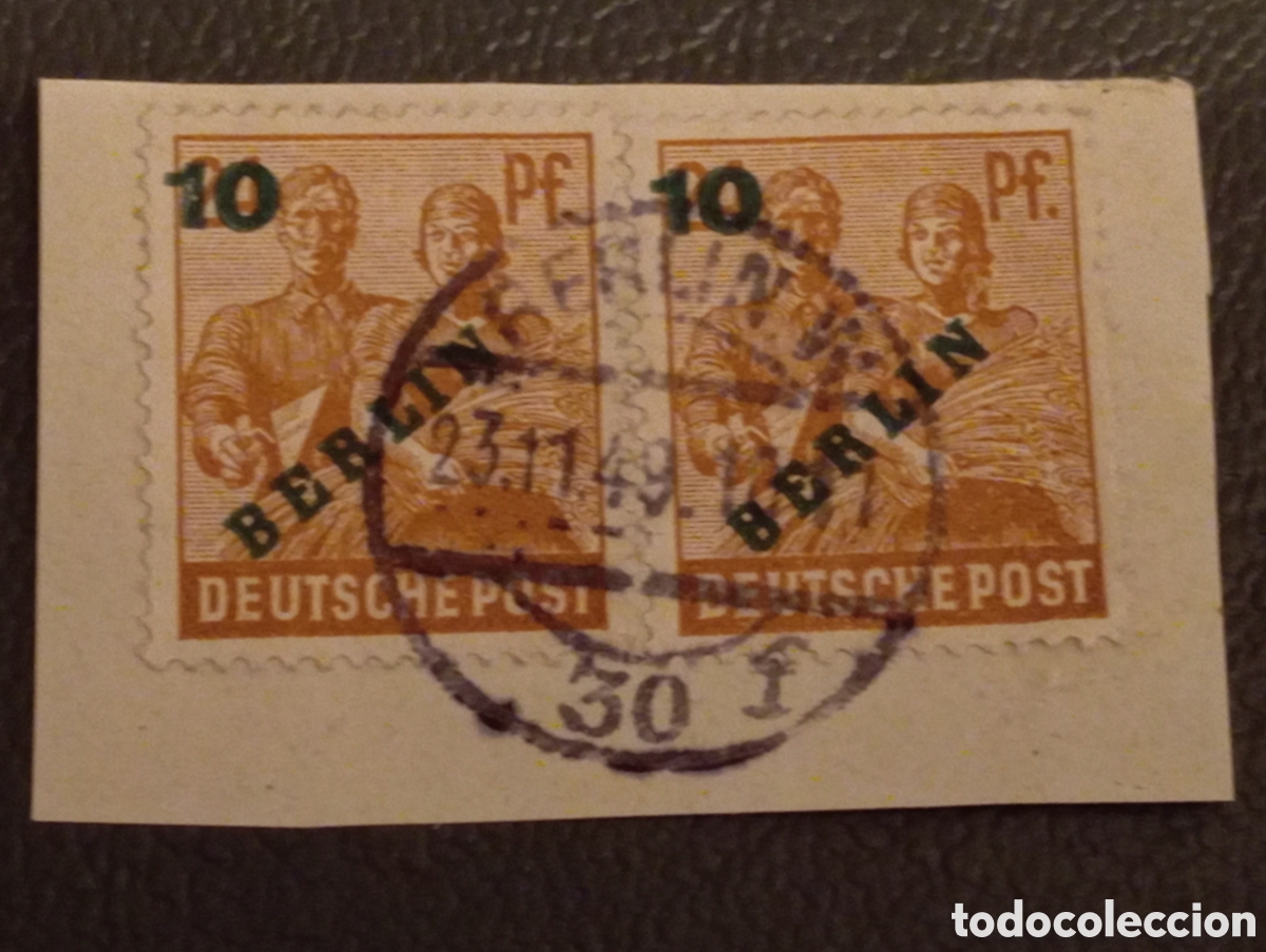 Sellos: Pareja Sellos Berl&iacute;n 1949 - 10 Pf sobrecarga VERDE - Matasellos &eacute;poca (Fragmento)