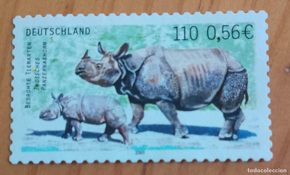 Sellos: ALEMANIA - V/F 110, 0,56 EUROS - A&Ntilde;O 2001, ESPECIES EN PELIGRO DE EXTINCI&Oacute;N - RINOCERONTE.