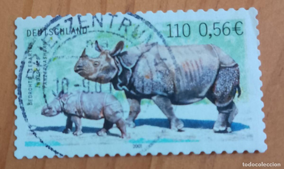 Sellos: ALEMANIA - V/F 110, 0,56 EUROS - A&Ntilde;O 2001, ESPECIES EN PELIGRO DE EXTINCI&Oacute;N - RINOCERONTE.- M.I.
