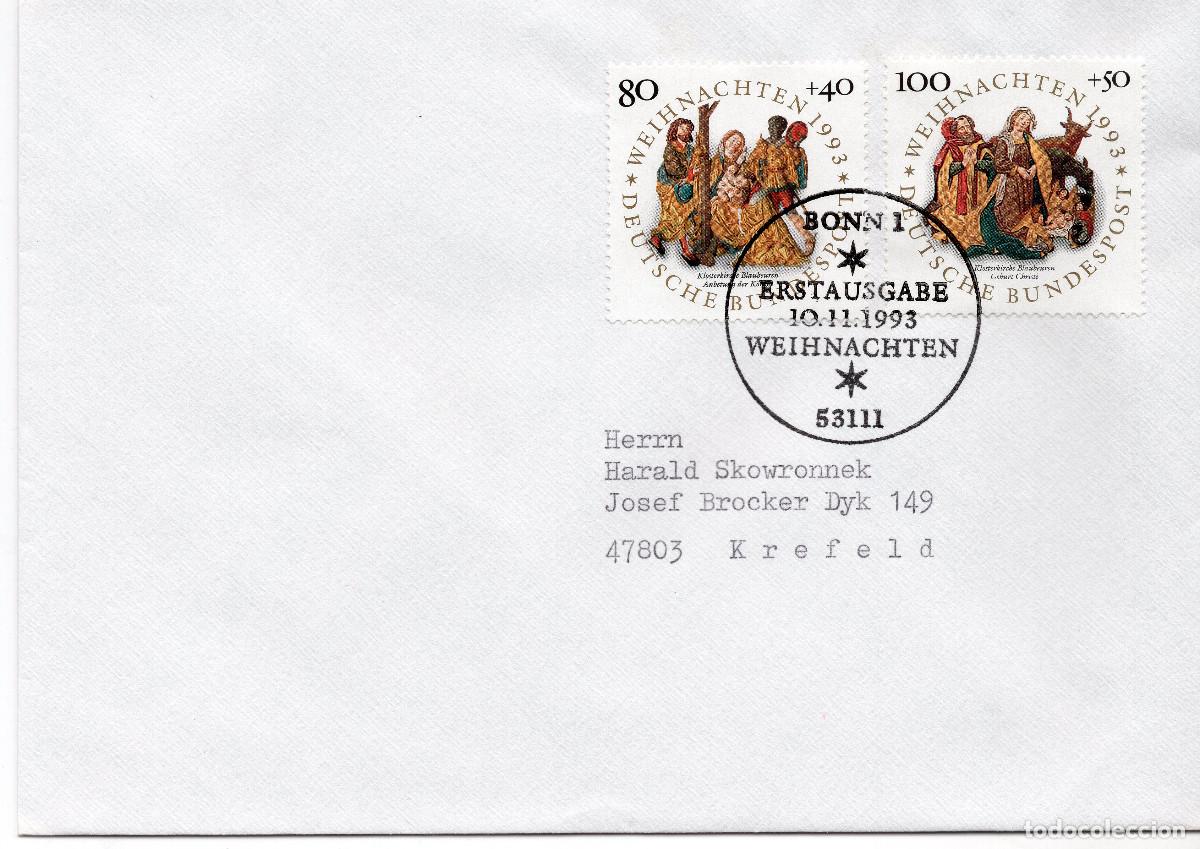 Sellos: ALEMANIA FEDERAL 1993 CARTA FDC MICHEL DE 1707-1708