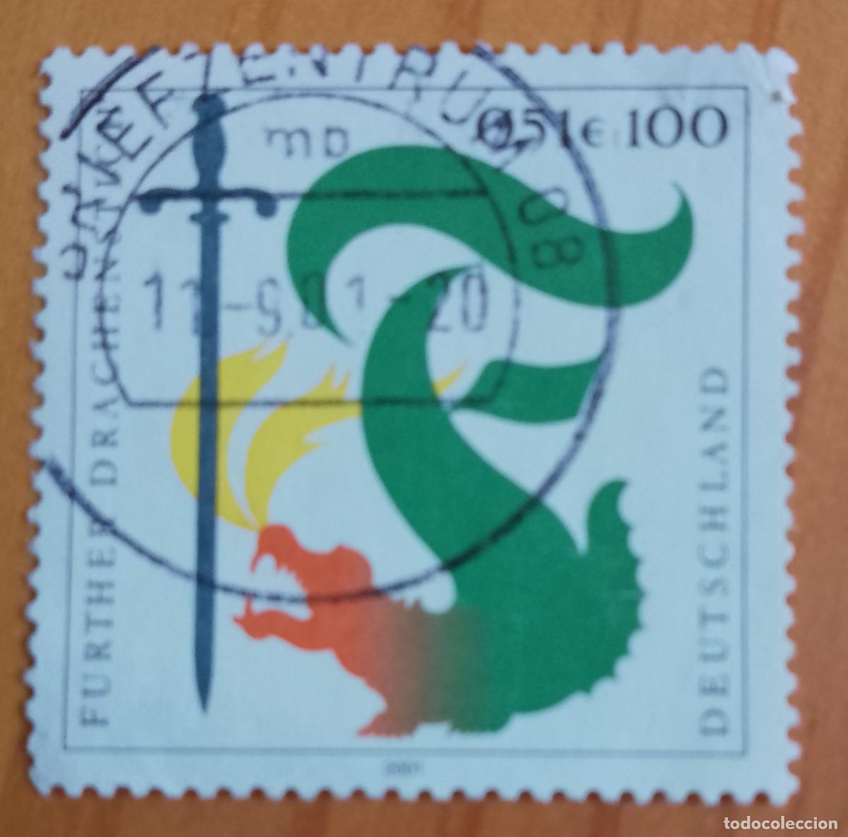 Sellos: ALEMANIA - V/F 100, 0,51 EUROS - ESPADA Y DRAG&Oacute;N - MATASELLO IDENTIFICATIVO: 11.9.01 BRIEFZENTRUM