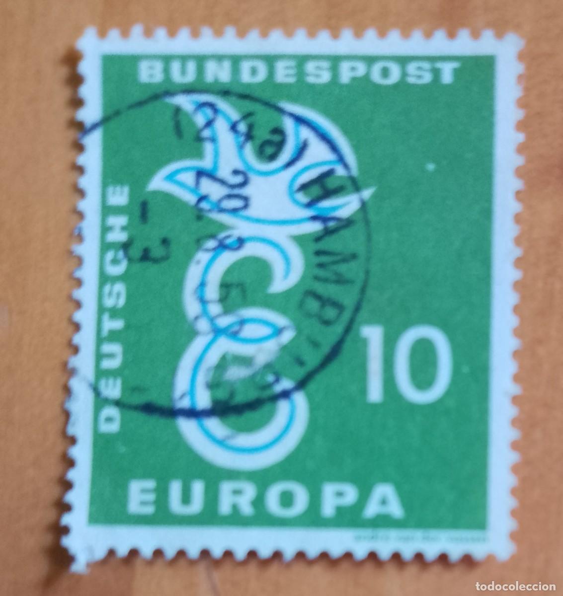 Sellos: ALEMANIA - V/F 10 - EUROPA, PALOMA - MATASELLO IDENTIFICATIVO: 29.8.59 HAMBURG