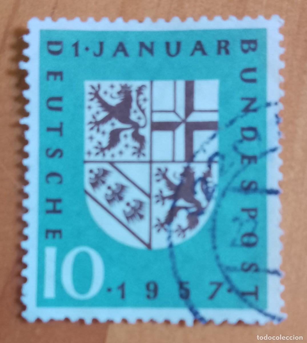 Sellos: ALEMANIA - V/F 10 - ESCUDO, 1 ENERO 1957 - INCORPORACI&Oacute;N POL&Iacute;TICA DE SARRE, HER&Aacute;LDICA.