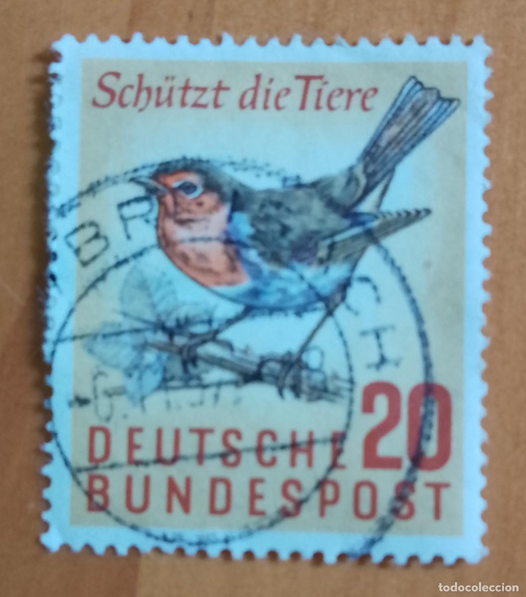 Sellos: ALEMANIA - V/F 20 - FAUNA, AVE, P&Aacute;JARO, PROTEJA A LOS ANIMALES - MAT .ID. 6.11.57 BREISACH
