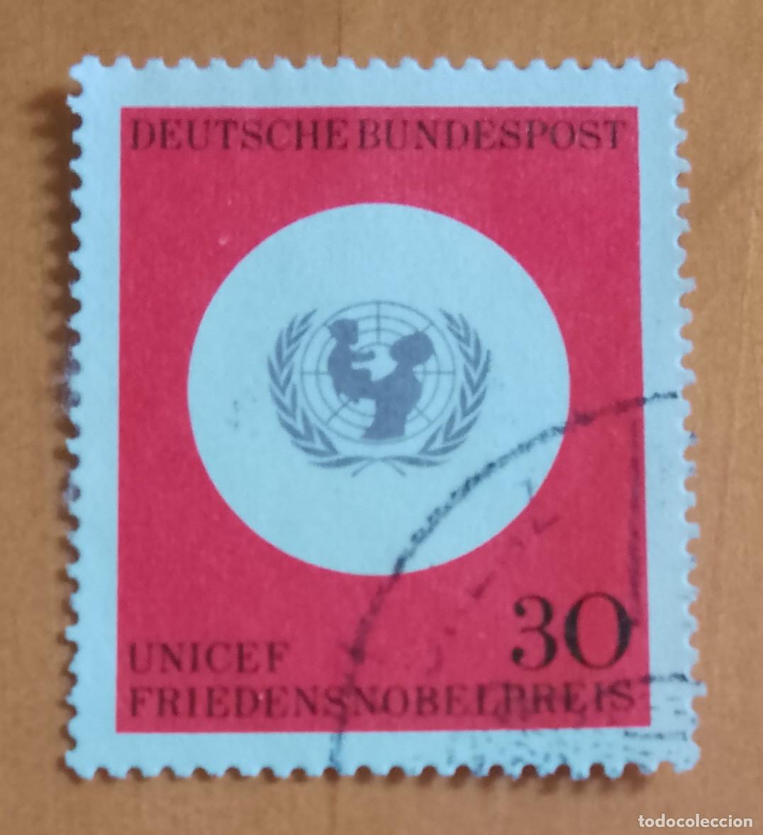 Sellos: ALEMANIA - V/F 30 - A&Ntilde;O 1966 - PREMIO NOBEL DE LA PAZ, UNICEF - YV 384