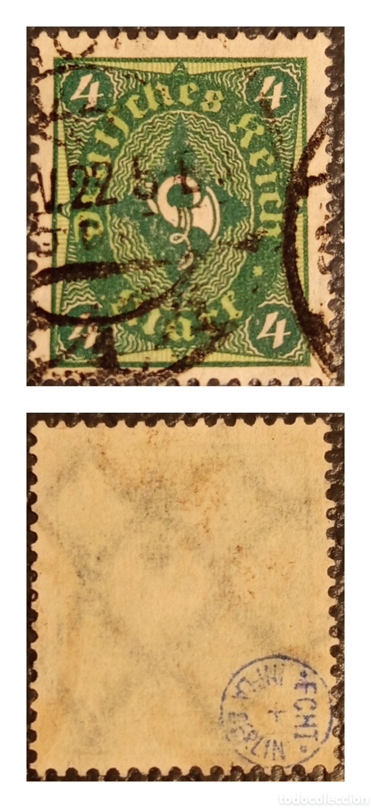 Sellos: Sello Alemania 1921 Corneta de Posta 4 Marcos Mi. 173 Matasellado Experto Infla