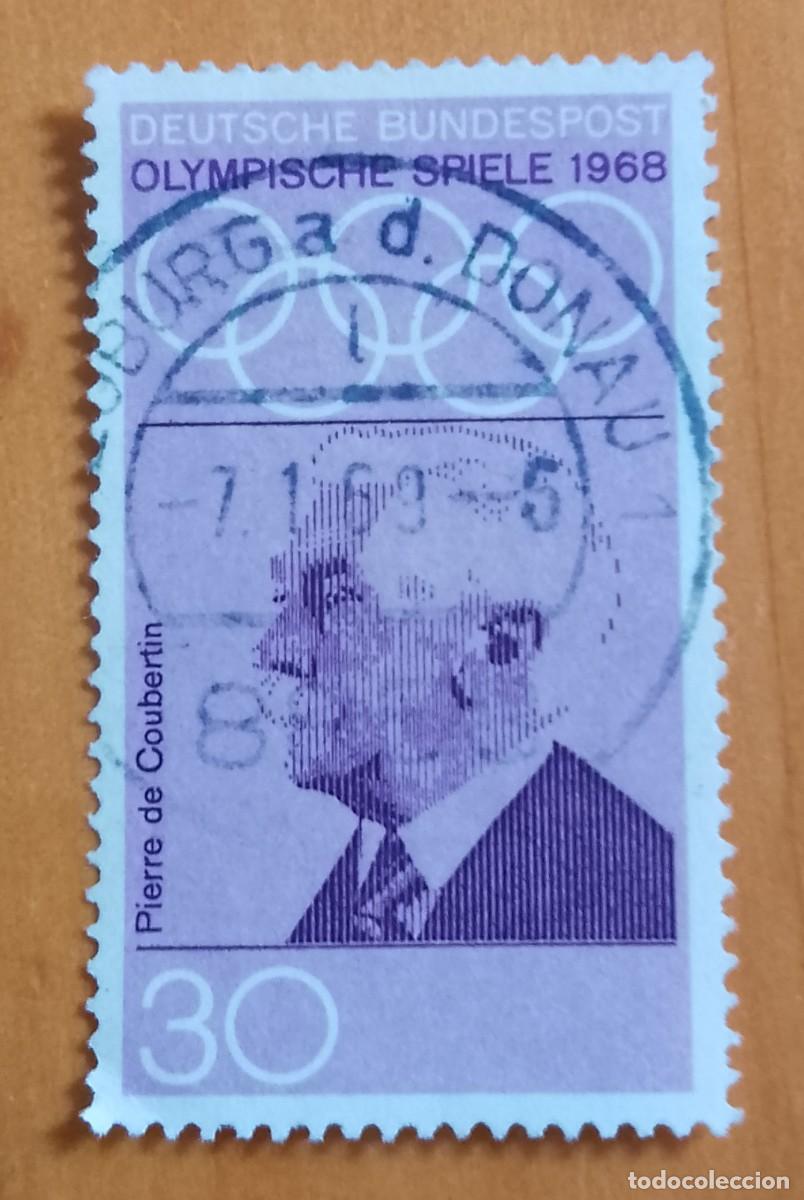 Sellos: ALEMANIA - V/F 30 - JUEGOS OL&Iacute;MPICOS DE 1968, PIERRE DE COUBERTIN - NEUGURG A D. DONAU 7.1.69