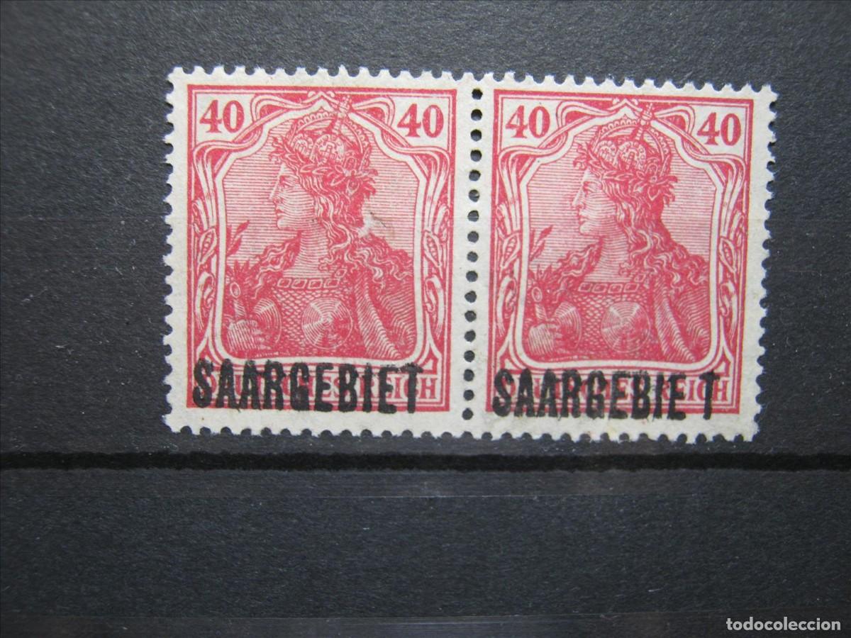 Briefmarken: ALEMANIA SARRE SAAR 1920 YVERT 42 PAREJA (*) SOBRECARGA LETRA T DESPLAZADA FIRMADO BPP LUJO.