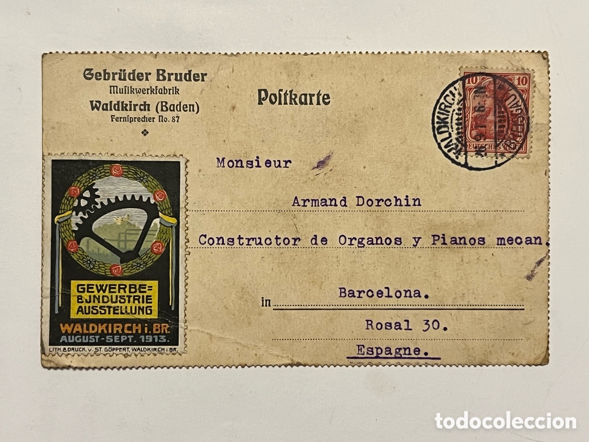 Stamps: Gebr&uuml;der Bruder. Alemania fabricantes de organillos y &oacute;rganos. Circulada a Barcelona (a.1913)