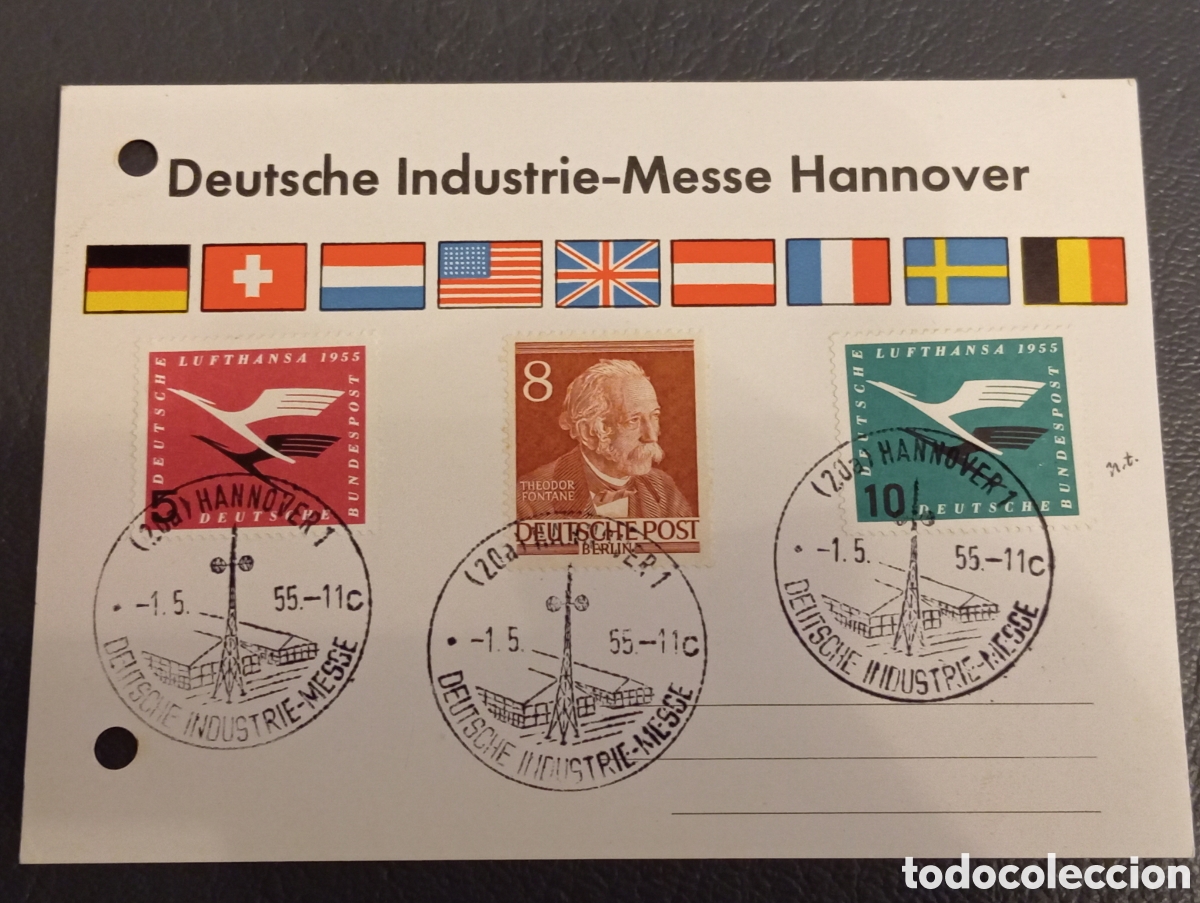 Sellos: Tarjeta Filatelia Feria Hannover 1955 - Sellos Michel 205/206 + Berlin Michel 94 Matasellos Especial