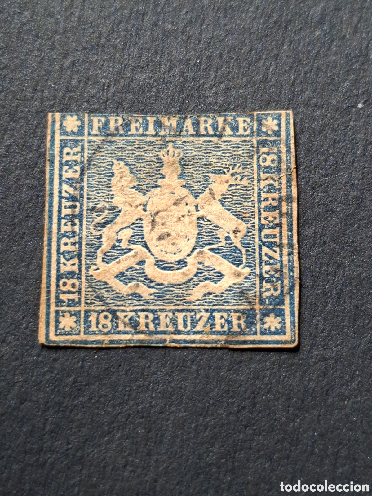 Sellos: ALEMANIA. WURTEMBERG. YVERT N&Uacute;MERO 15. RARO SELLO DE 18 KREUZER USADO. CON DEFECTOS.