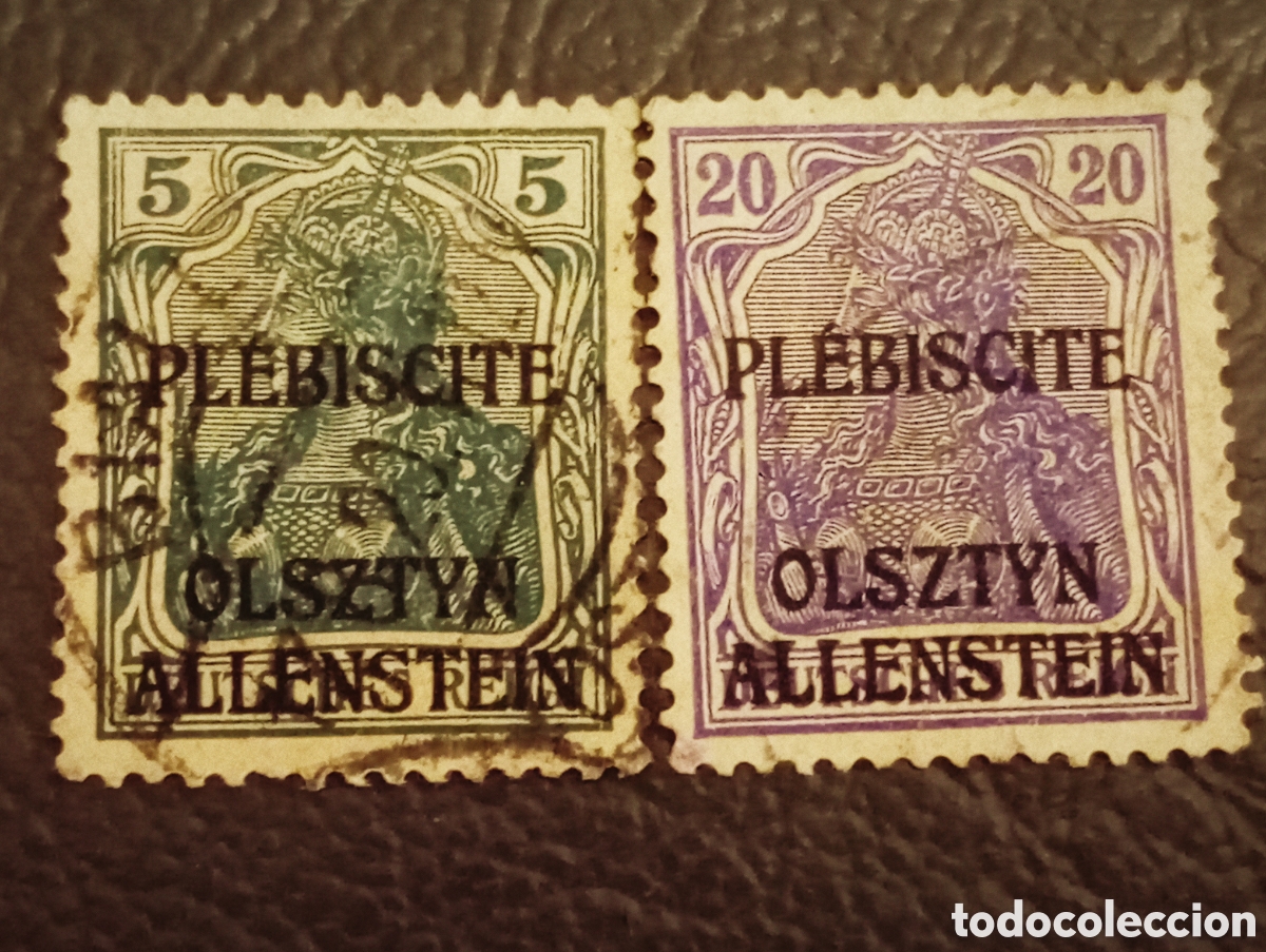 Sellos: Allenstein Plebiscito 1920 - Lote 2 Sellos 5pf y 20pf Germania - Cat&aacute;logo Michel Nr. 3 y Nr. 7