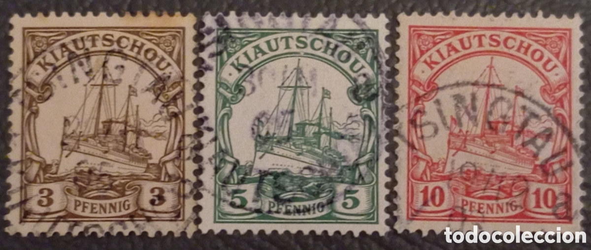 Sellos: Kiautschou 1901 - Lote 3 Sellos Yate Imperial Hohenzollern, Usados - Mi. Nr. 5, 6 y 7