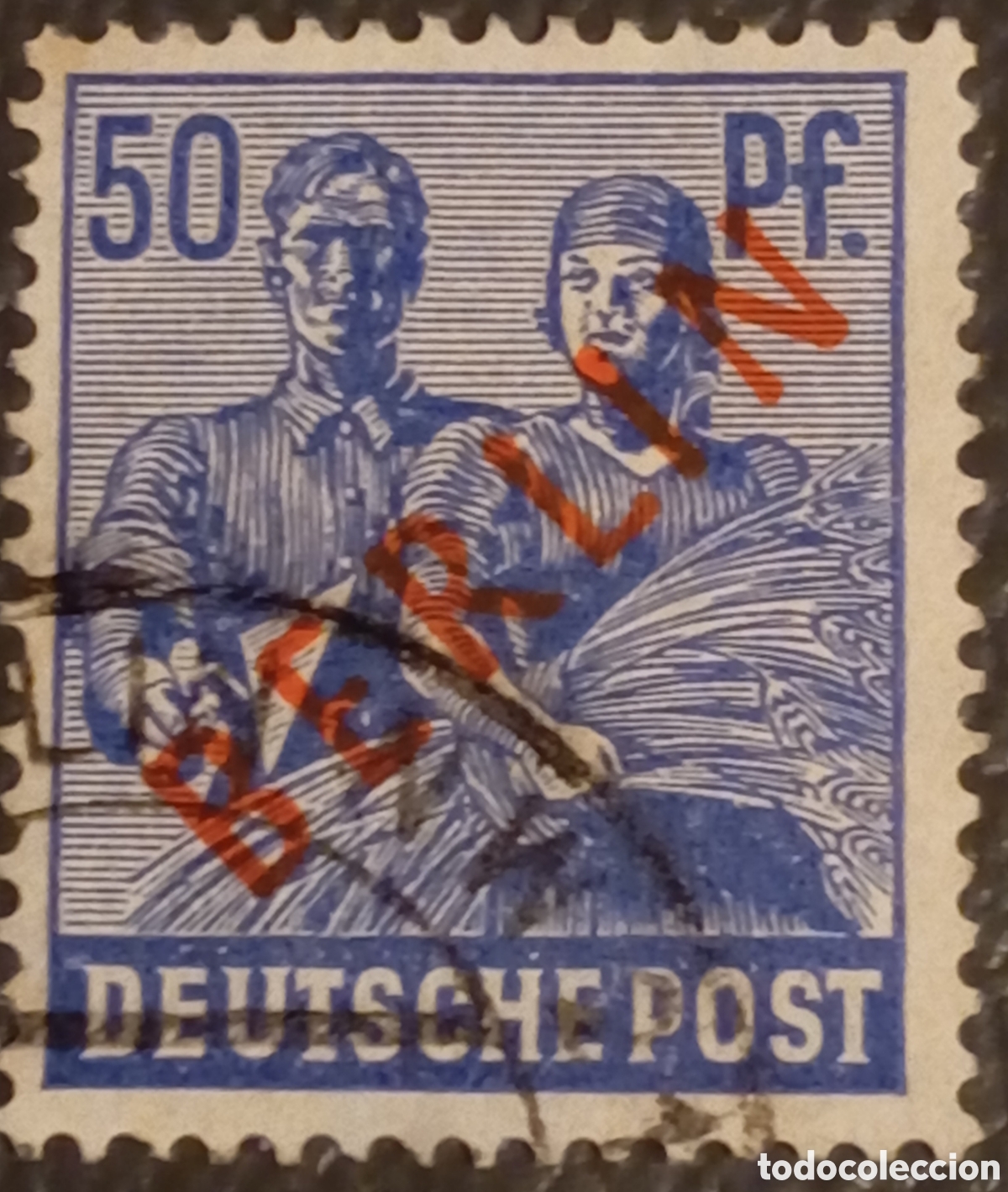 Sellos: Alemania Berl&iacute;n 1949 - Sello 50 Pf. Sobrecarga Roja - Michel 30 Usado
