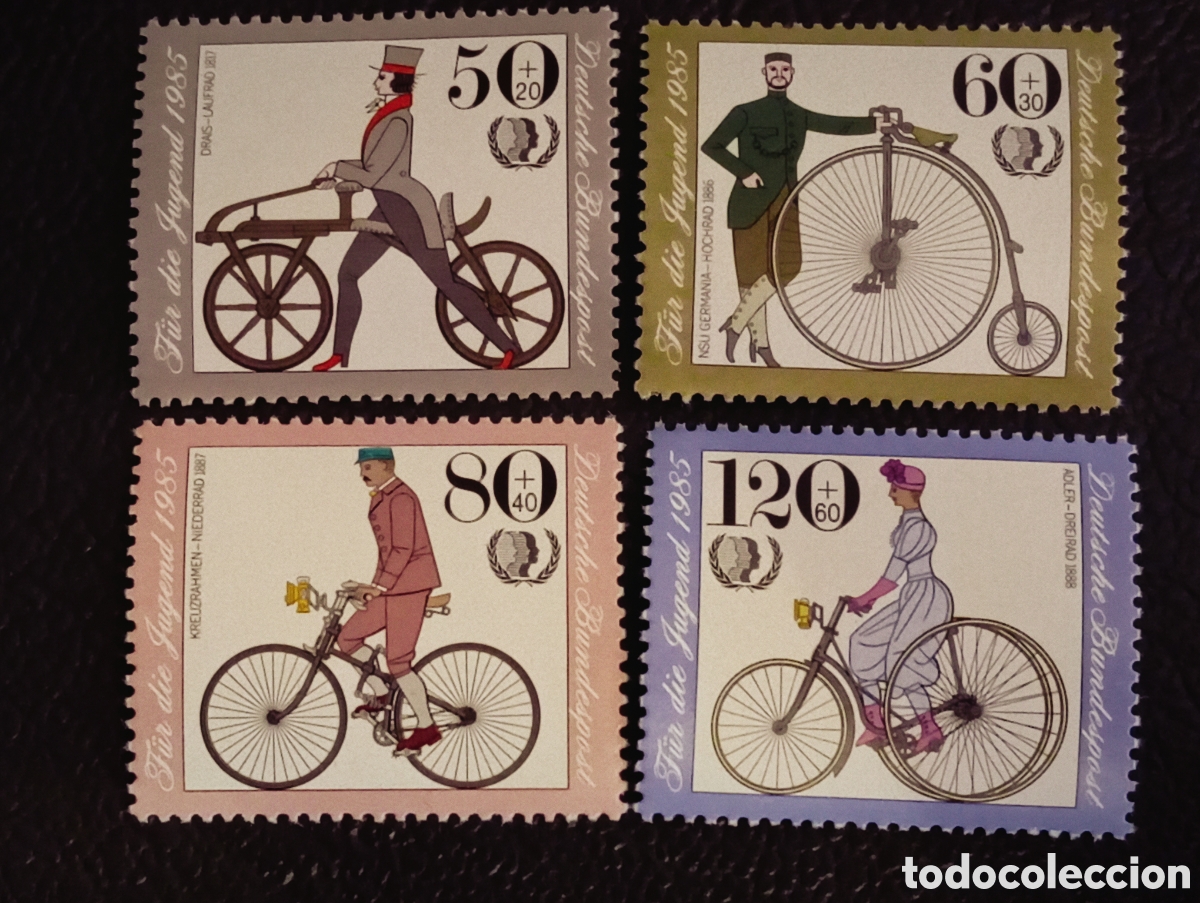 Sellos: Alemania Occidental 1985 - Serie Completa Bicicletas Hist&oacute;ricas - Mi 1242-1245 MNH**