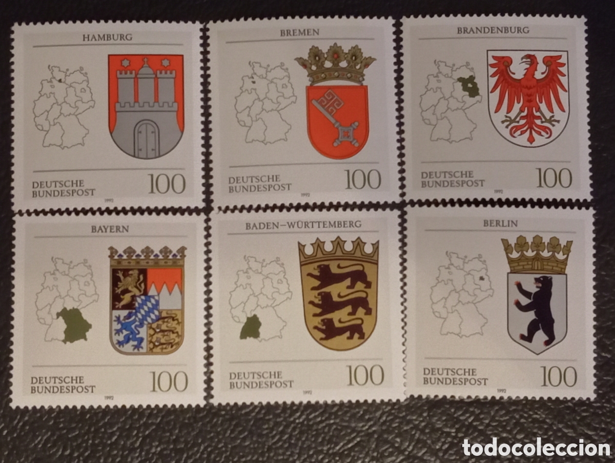 Sellos: Alemania 1992 - Serie Escudos Estados (I) - Michel 1586/91 MNH **