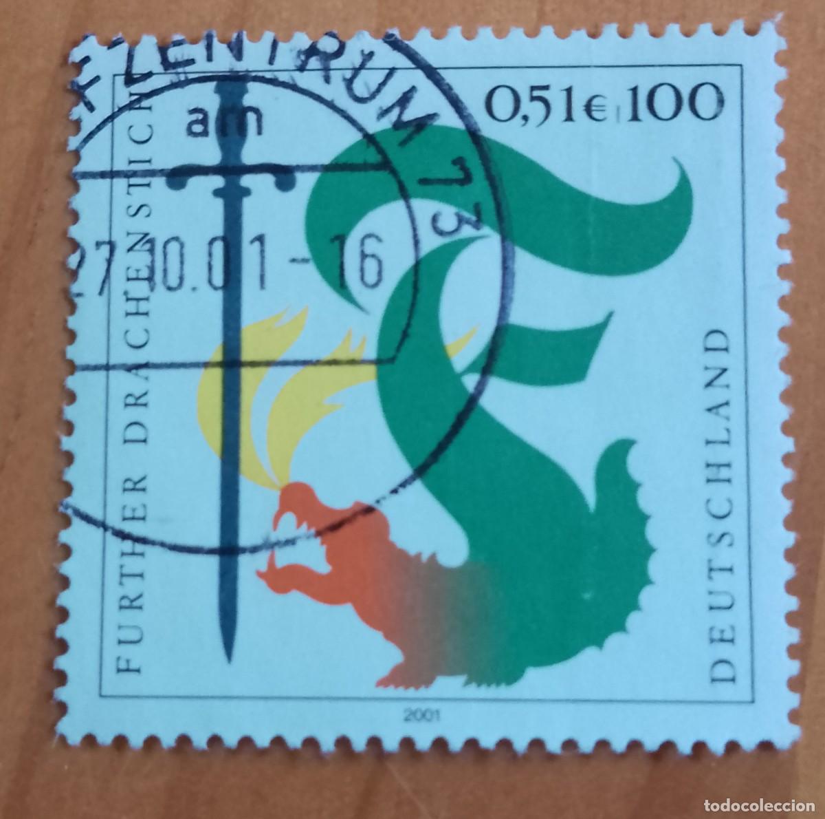 Sellos: ALEMANIA - V/F 0,51 EUROS Y 100 - A&Ntilde;O 2001 - ESPADA Y DRAG&Oacute;N, COSTUMBRES Y TRADICIONES