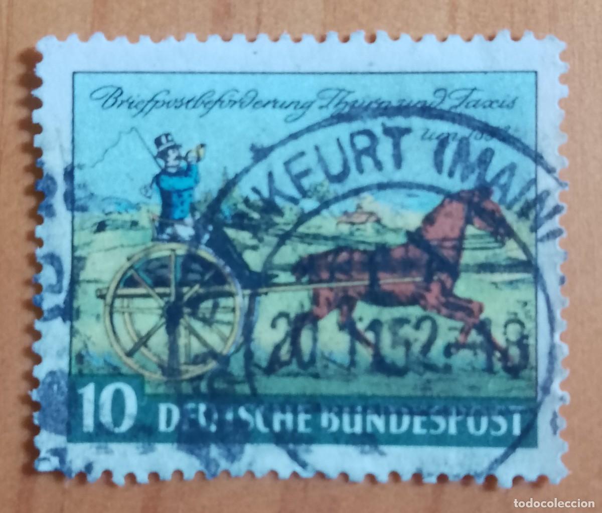 Francobolli: ALEMANIA - V/F 10 - CARRO CABALLO AL TROTE - MATASELLO IDENTIFICATIVO: 20.11.52 FRANKFURT (MAIN).