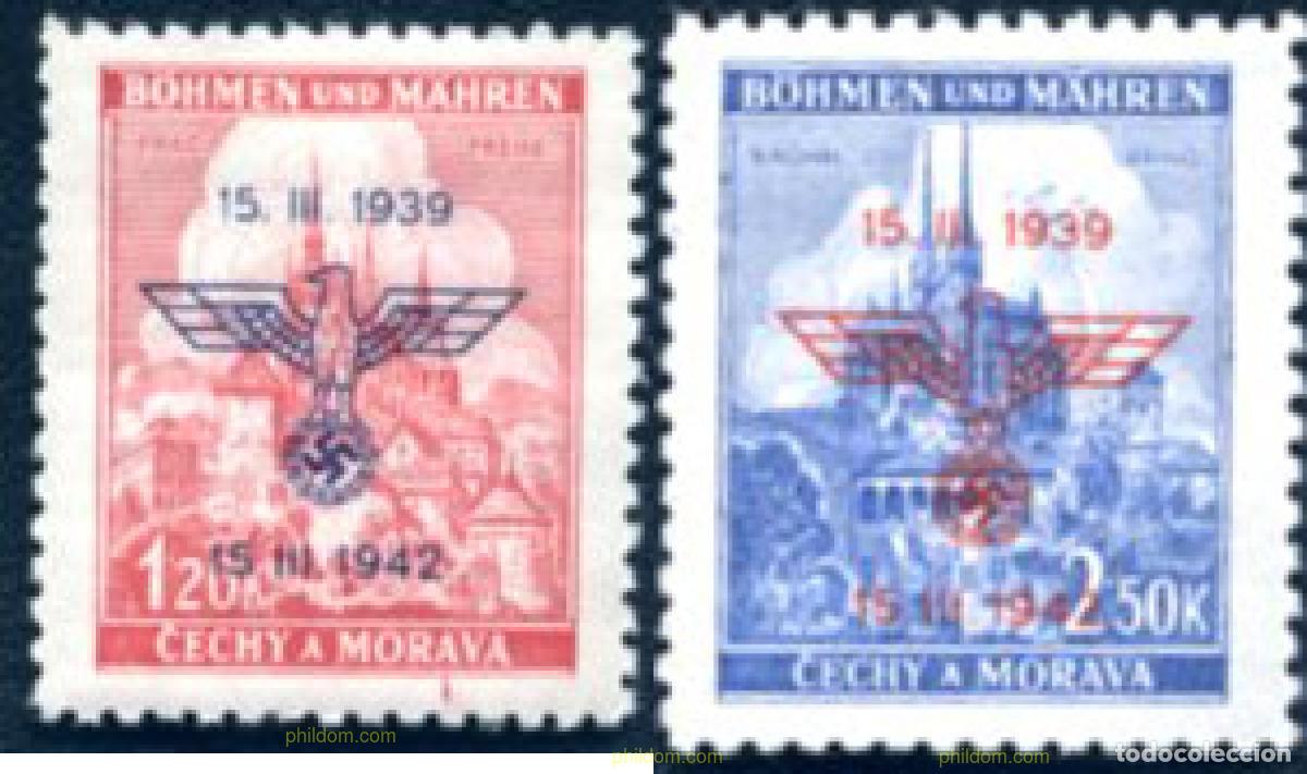 Sellos: 205388 MNH BOHEMIA Y MORAVIA 1942 3 ANIVERSARIO DEL PROTECTORADO ALEMAN. SELLOS DE 1941 CON SOBREIM