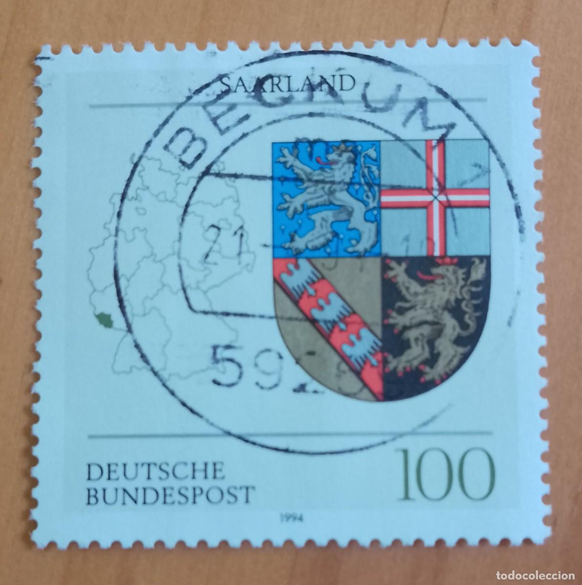 Sellos: ALEMANIA - V/F 100 - A&Ntilde;O 1994, ESCUDO LANDER SAAR-LAND - MATASELLO IDENTIFICATIVO: 21.1.94 BECKUM