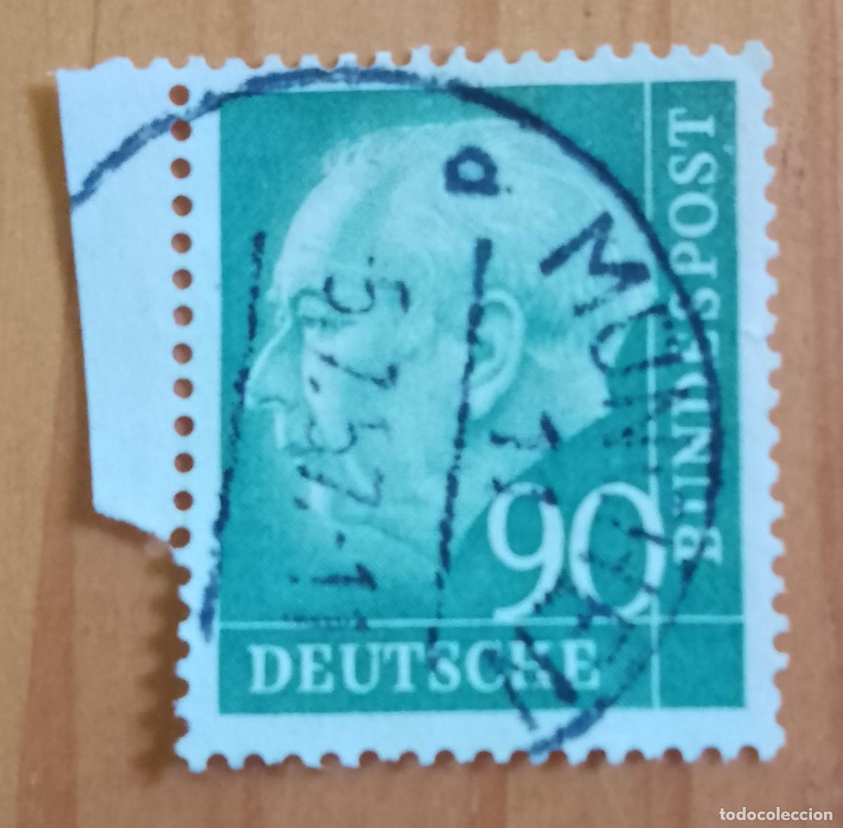 Sellos: ALEMANIA - V/F 90 - PRESIDENTE: THEODOR HEUSS - MATASELLO IDENTIFICATIVO: 5.7.57 MUNCHEN
