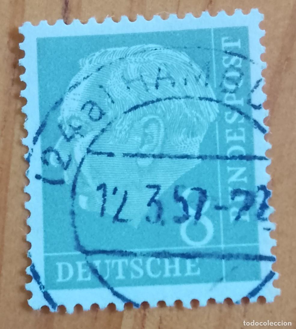 Sellos: ALEMANIA - V/F 8 - PRESIDENTE: THEODOR HEUSS - MATASELLO IDENTIFICATIVO: 12.3.57 HAMBURGO