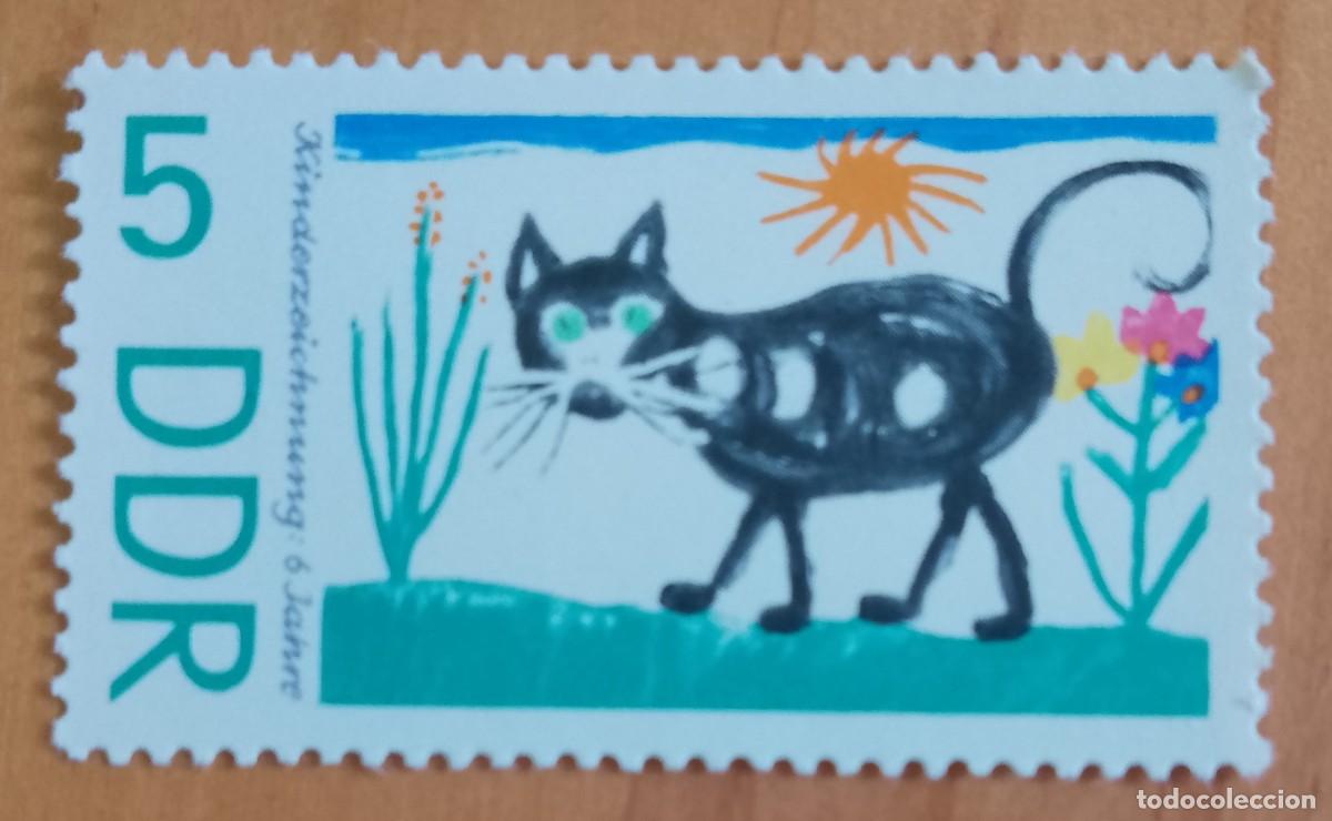 Sellos: ALEMANIA, DDR - V/F 5 - A&Ntilde;O 1962 - GATO, DIBUJO INFANTIL DE 6 A&Ntilde;OS.