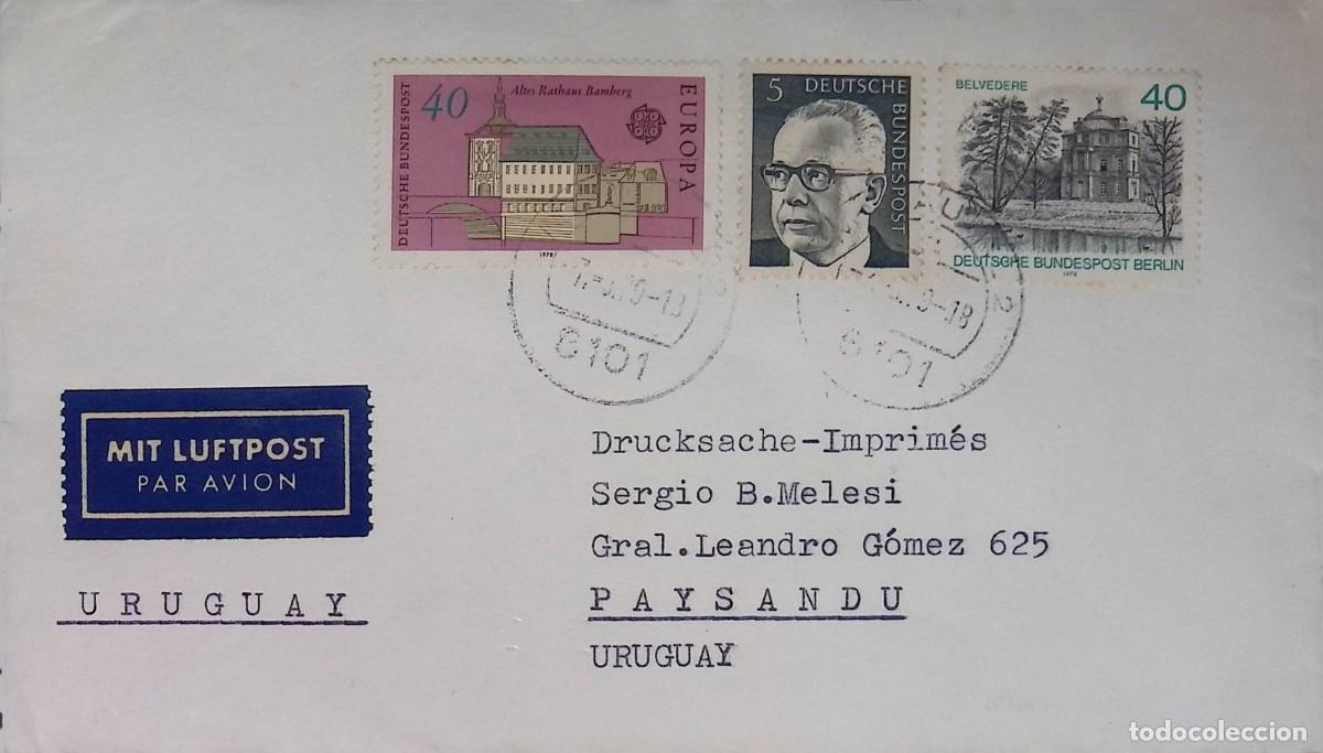 Sellos: O) GERMANY, EUROPA - OLD CITY HALLS - BAMBERG, BELVEDERE, GUSTAV HEINEMANN, CIRCULATED COVER TO URUG