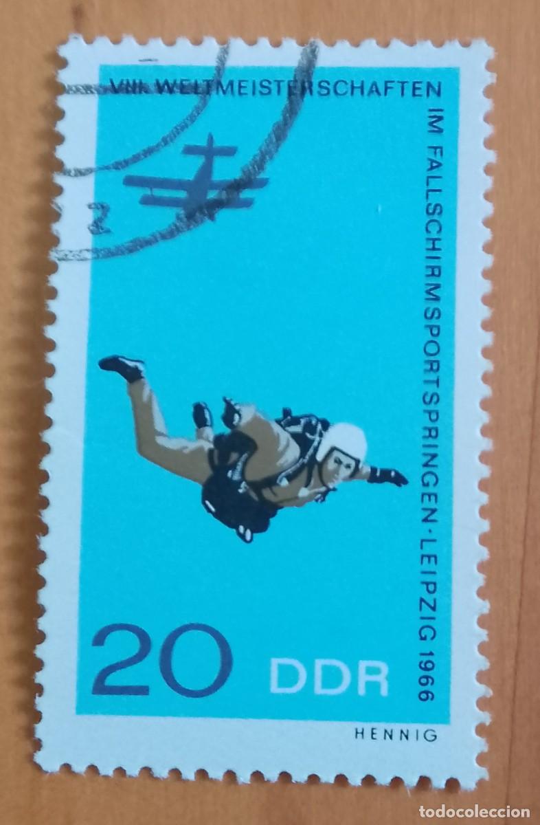 Sellos: ALEMANIA, DDR - V/F 20 - A&Ntilde;O 1966 - PARACAIDISMO EN LEIPZIG - MI 1195