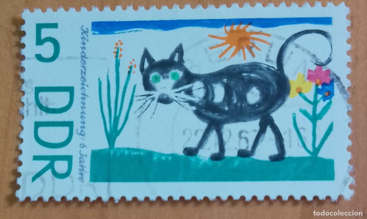 Sellos: ALEMANIA, DDR - V/F 5 - DIBUJO INFANTIL: 6 A&Ntilde;OS - UN GATO