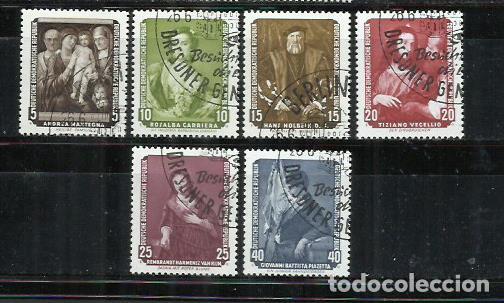 Sellos: 0170-ALEMANIA DEMOCR&Aacute;TICA DDR SERIE COMPLETA 1957 N&ordm;302/307 PINTURA ARTE MATASELLOS 1&ordf; D&Iacute;A.