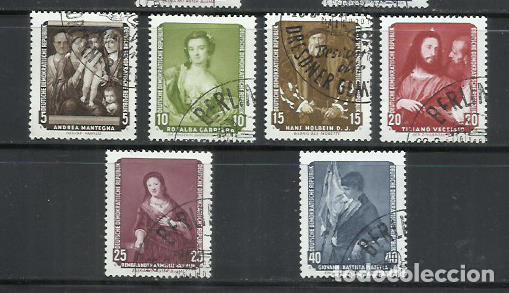 Sellos: 0176-ALEMANIA DEMOCR&Aacute;TICA DDR SERIE COMPLETA 1957 N&ordm;302/307 PINTURA ARTE MATASELLOS 1&ordf; D&Iacute;A.
