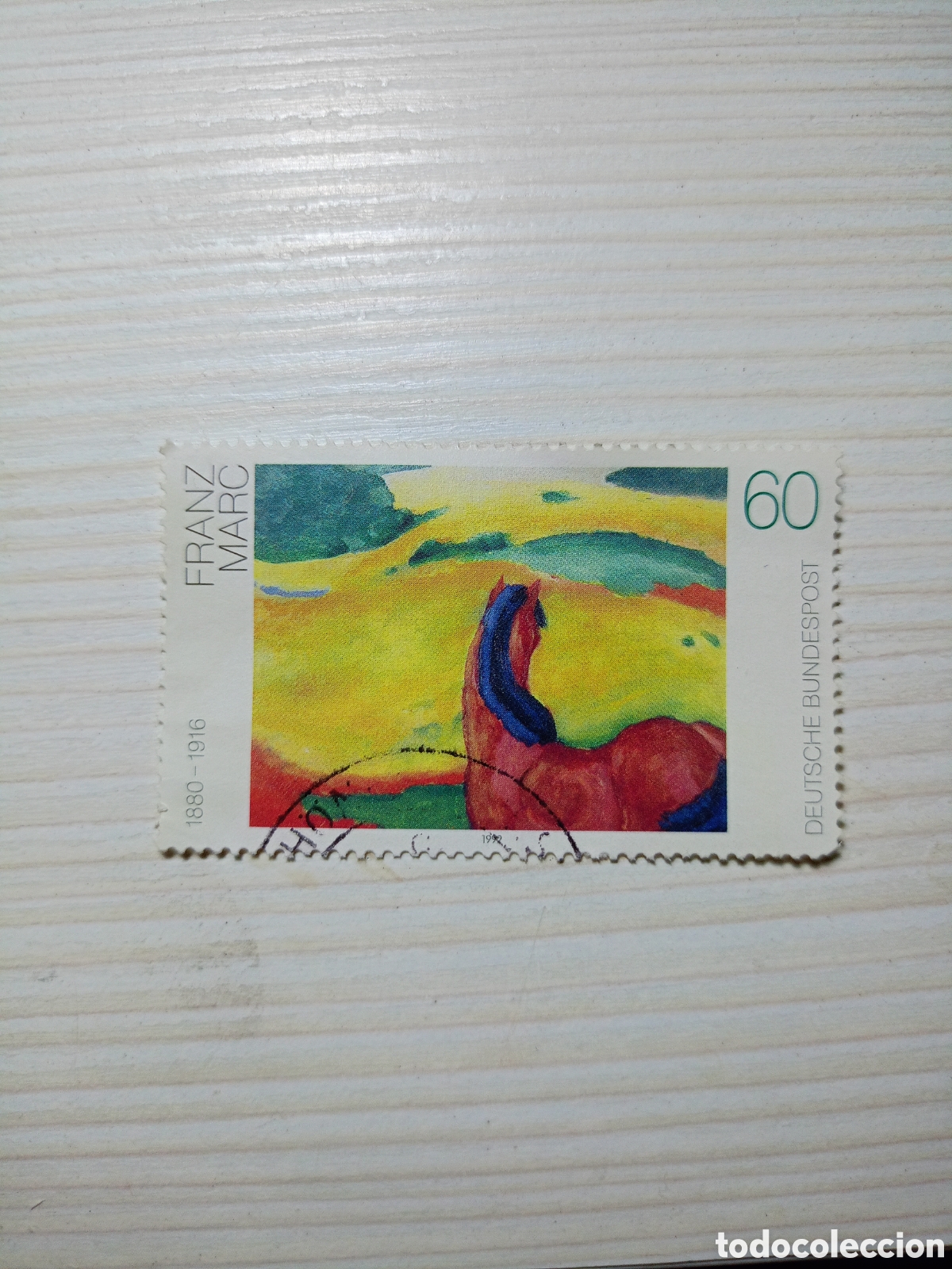 Sellos: sello postal alem&aacute;n de 1992 obra expresionista &rdquo;Caballo en un paisaje&rdquo; (1910) del pintor Franz Marc.