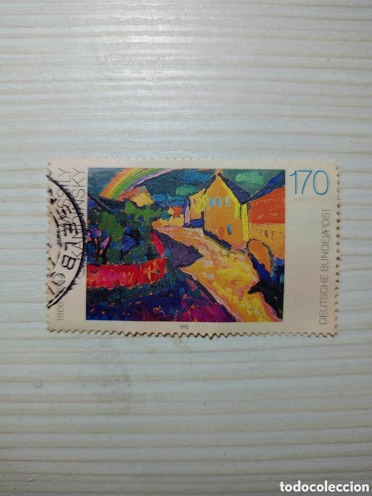 Sellos: sello postal de Alemania de 1992 presenta la obra &rdquo;Murnau con arco iris&rdquo; del artista ruso Wassily Ka