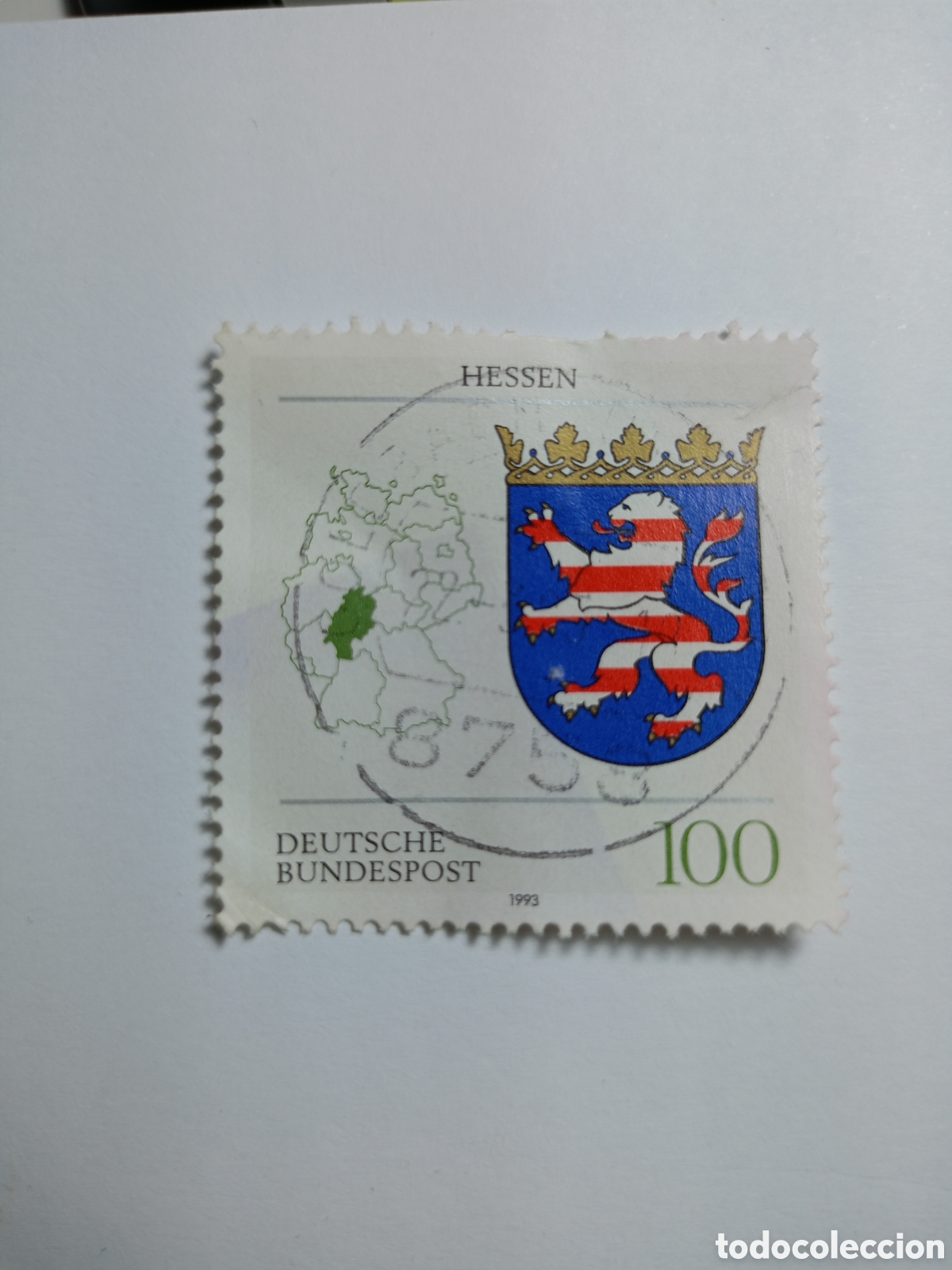 Sellos: sello postal alem&aacute;n de 1993 que presenta el escudo de armas y el mapa del estado federado de Hesse.