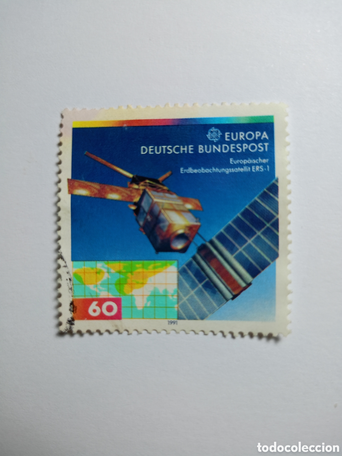 Sellos: sello postal alem&aacute;n de 1991 con un valor de 60 c&eacute;ntimos. Conmemora el sat&eacute;lite europeo