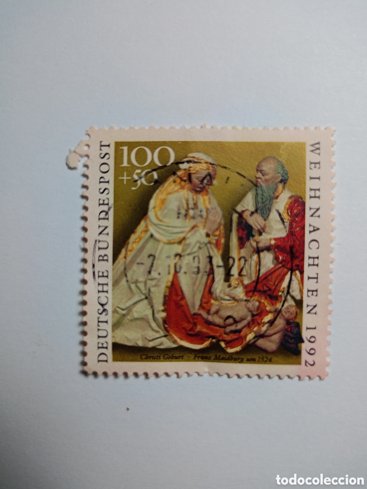 Sellos: sello postal alem&aacute;n de 1992 con un valor de 100 pfennigs + 50 pfennigs de recargo.