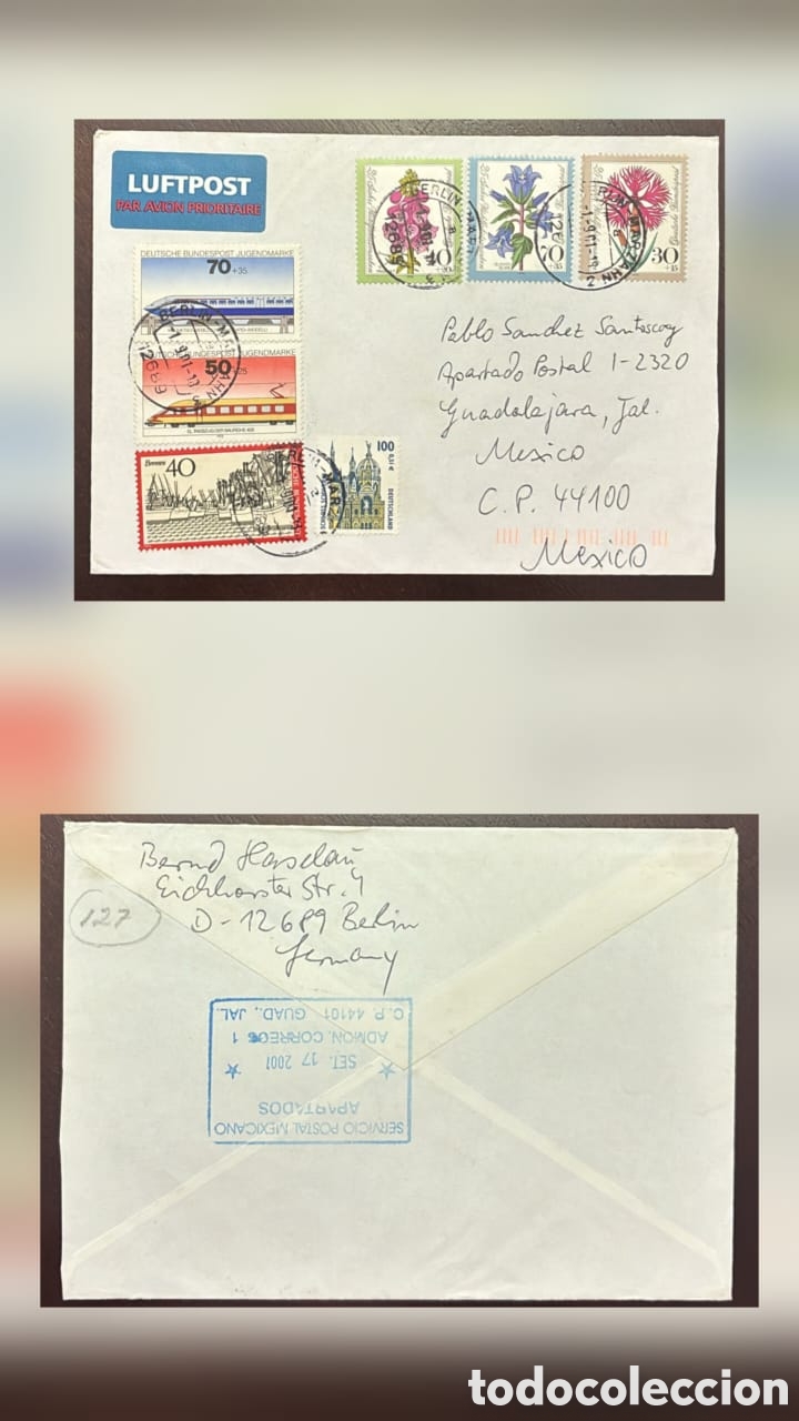 Sellos: CA)Germany. 2001. Modern Airmail Letter. Envelope sent from Berlin to Guadalajara, Mexico, franked w