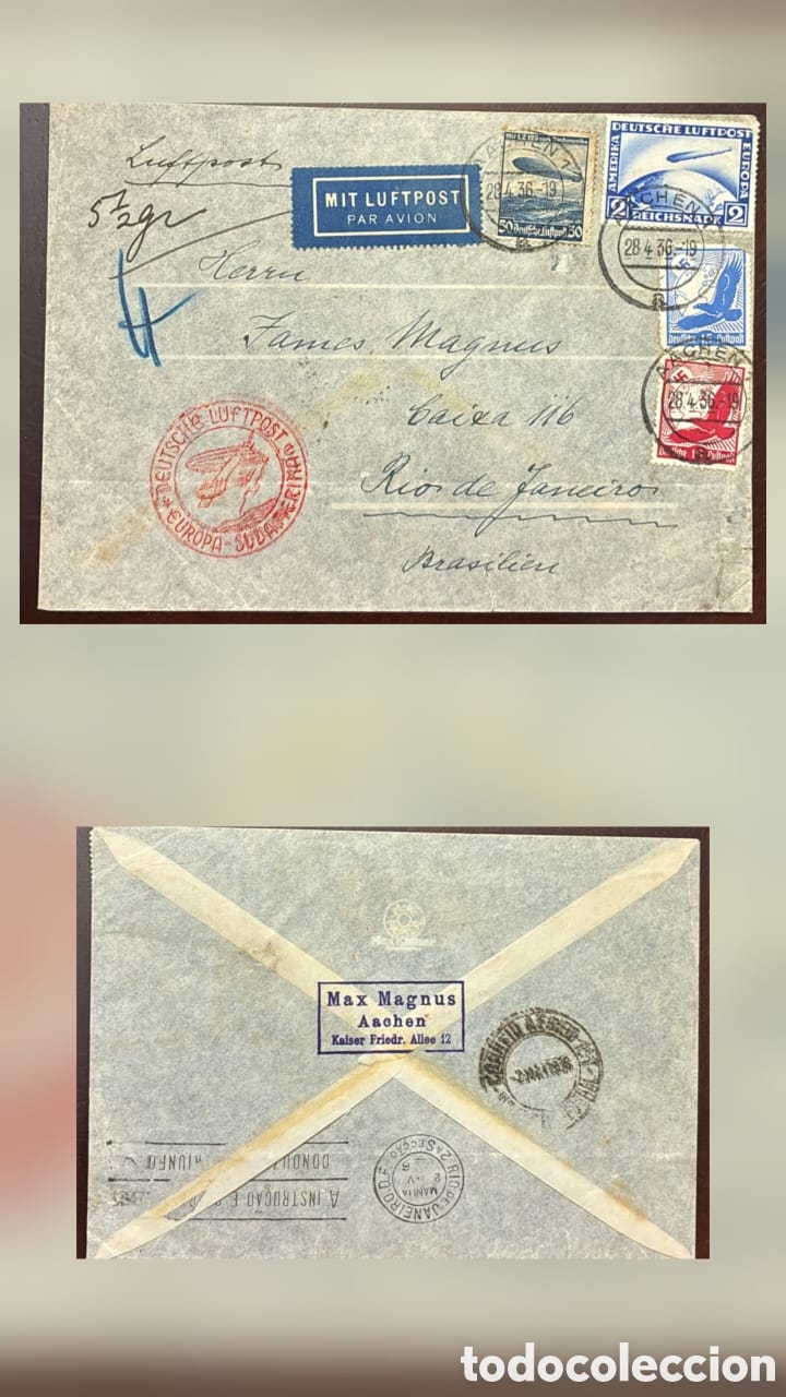 Sellos: CA)Germany. 1936. Europa&ndash;South America Airmail. Registered envelope sent from Aachen to Rio de Janei