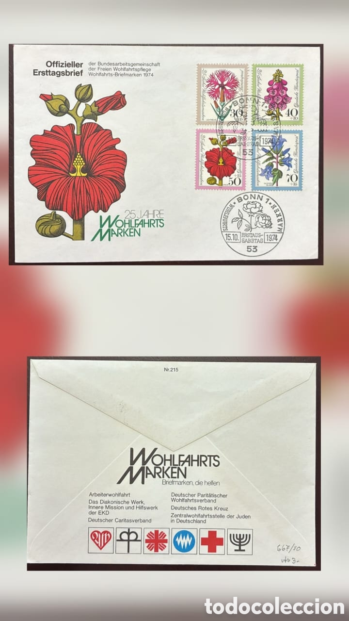 Sellos: CA)Germany.1974.Welfare Stamps First Day Cover. Commemorative envelope issued in Bonn on October 15,