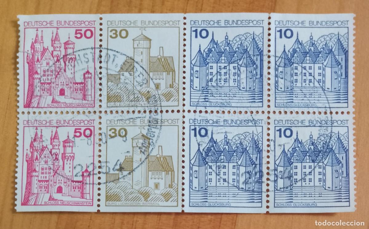 Sellos: ALEMANIA - V/F 50, 30 Y 10 - TIRA 8 SELLOS, 4 DIFERENTES - ARQUITECTURA, SCHLOSS - MAT. ID.: 11.8.80