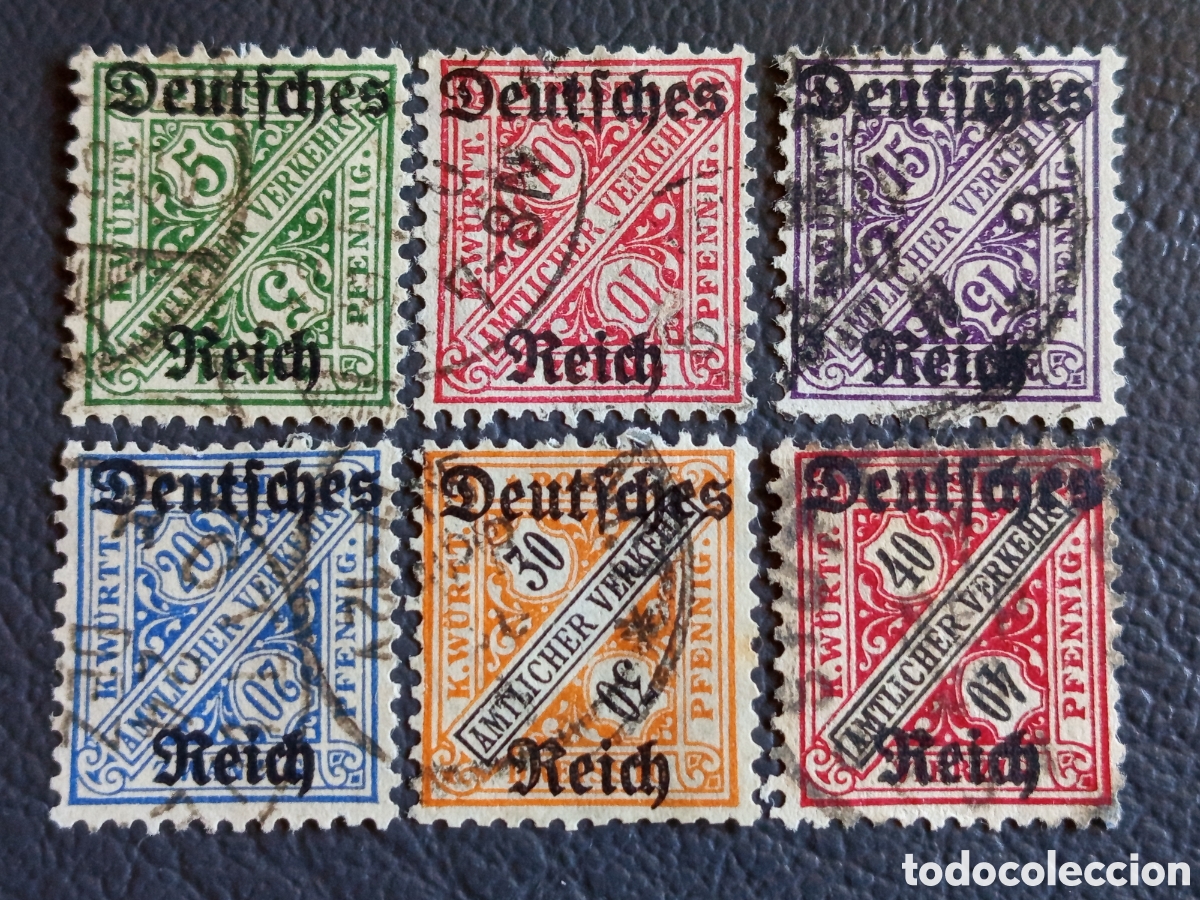 Briefmarken: W&uuml;rttemberg 1920 - Oficial &rdquo;Amtlicher Verkehr&rdquo; Sobrecarga Reich - Michel 57/62 - Usado