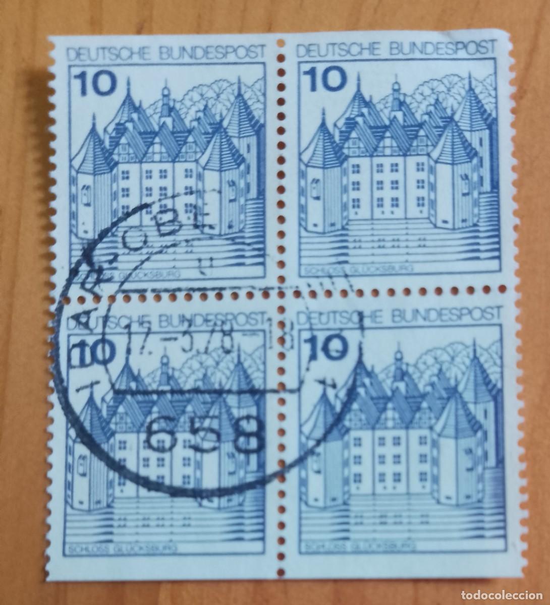 Sellos: ALEMANIA - V/F 10 - TIRA 4 SELLOS, 2 DIFERENTES - MATASELLO INDICATIVO: 17.3.78 IDAR-OBERSTEIN
