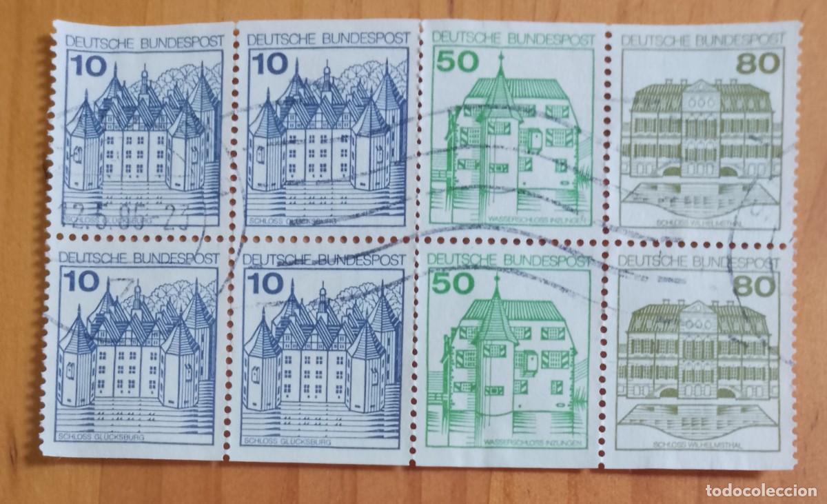 Sellos: ALEMANIA - V/F 10, 50 Y 80 - ARQUITECTURA - TIRA 8 SELLOS, 6 DIFERENTES, 3 DISTINTOS-MATASELLO IIDE.