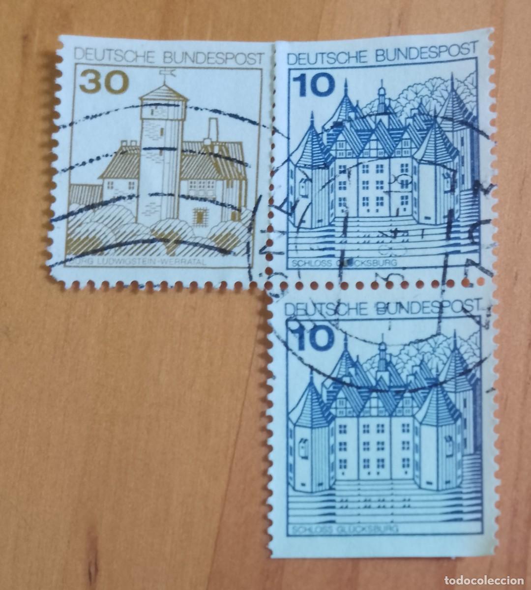 Sellos: ALEMANIA - V/F 30 Y 10 - ARQUITECTURA - TIRA 3 SELLOS, 2 DIFERENTES, 2 DISTINTOS-MATASELLO IIDE...