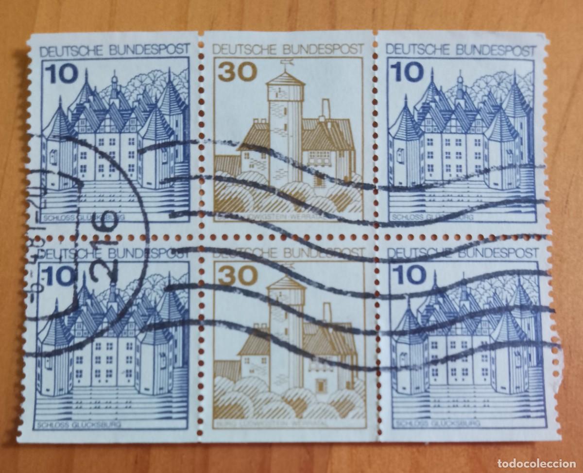 Sellos: ALEMANIA - V/F 10 Y 30 - ARQUITECTURA - TIRA 6 SELLOS, 4 DIFERENTES, 4 DISTINTOS -MATASELLO IDE...