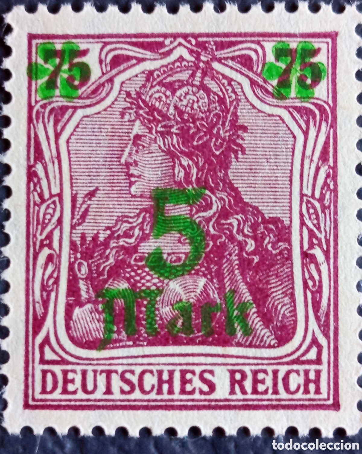 Sellos: Reich Alem&aacute;n 1921 Germania Inflaci&oacute;n Sobrecarga Verde 5M/75Pf Mi.156